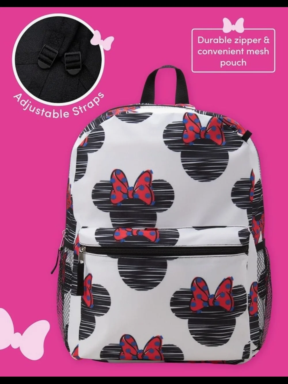 Disney White Kids Backpack with Red Bow Minnie Mouse Print. NWT